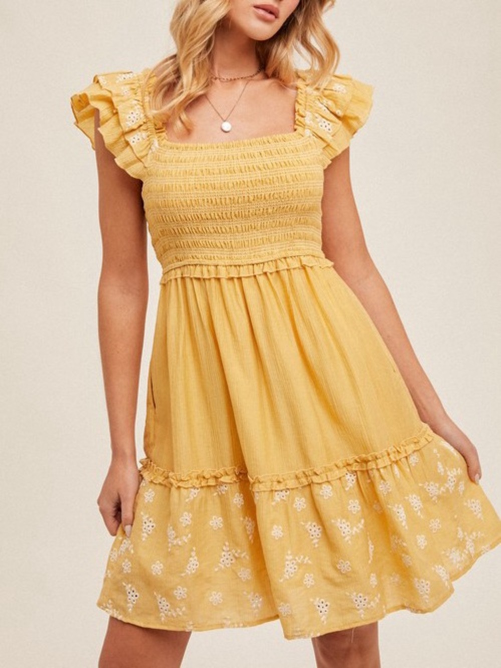 🌟SUMMER SALE🌟FLORAL EYELET FLUTTER SLEEVE BABYDOLL
DRESS|MUSTARD